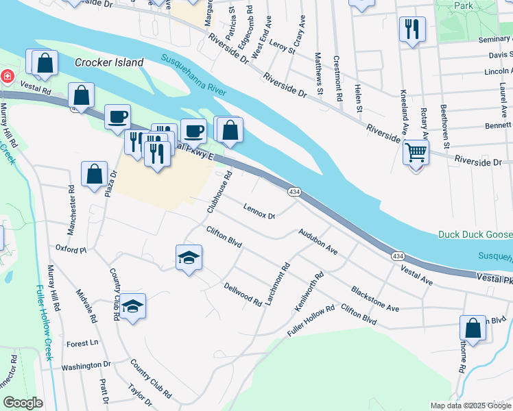 map of restaurants, bars, coffee shops, grocery stores, and more near 16 Lennox Dr in Binghamton