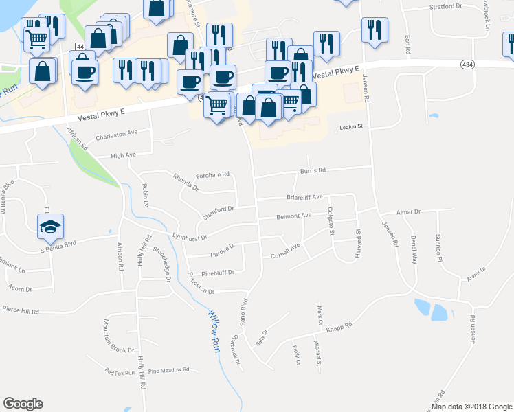 map of restaurants, bars, coffee shops, grocery stores, and more near 405 Rano Boulevard in Vestal