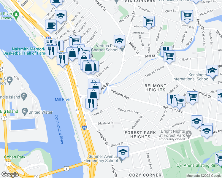 map of restaurants, bars, coffee shops, grocery stores, and more near 13 Belmont Avenue in Springfield