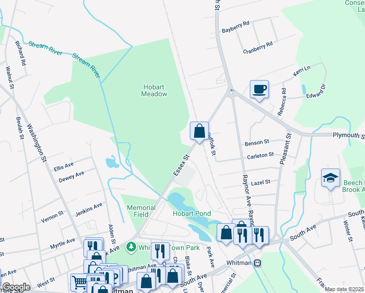 map of restaurants, bars, coffee shops, grocery stores, and more near 106 Essex Street in Whitman