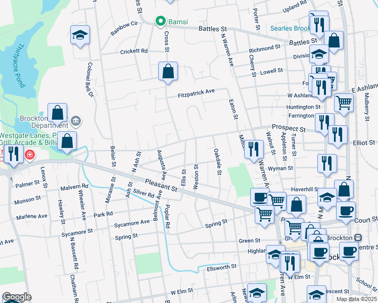 map of restaurants, bars, coffee shops, grocery stores, and more near 67 Ellis Street in Brockton