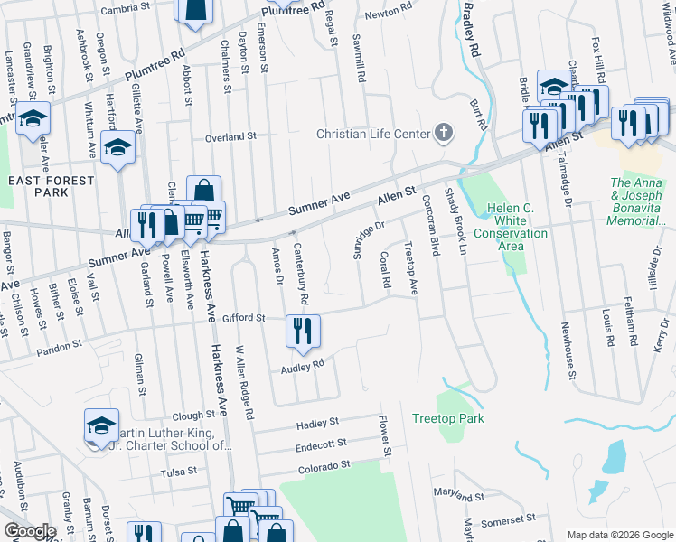 map of restaurants, bars, coffee shops, grocery stores, and more near 109 Manor Court in Springfield