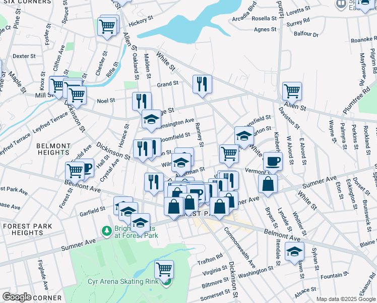 map of restaurants, bars, coffee shops, grocery stores, and more near 141 Johnson Street in Springfield