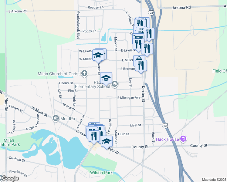 map of restaurants, bars, coffee shops, grocery stores, and more near 707 Marvin Street in Milan