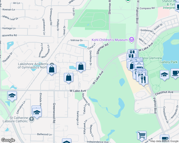 map of restaurants, bars, coffee shops, grocery stores, and more near 1925 Dauntless Drive in Glenview