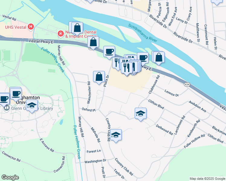 map of restaurants, bars, coffee shops, grocery stores, and more near 483 Plaza Drive in Vestal