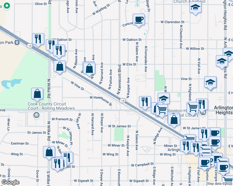 map of restaurants, bars, coffee shops, grocery stores, and more near 1020 West Northwest Highway in Arlington Heights