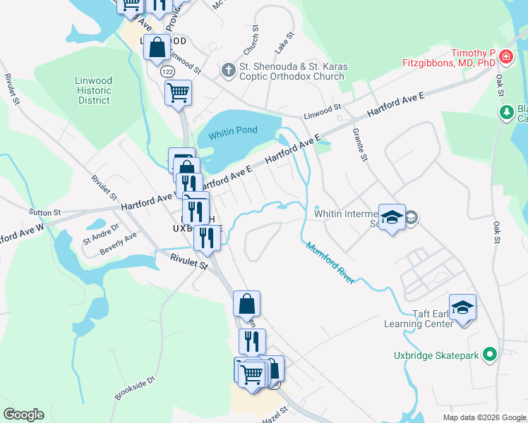 map of restaurants, bars, coffee shops, grocery stores, and more near 32 School Street in Uxbridge