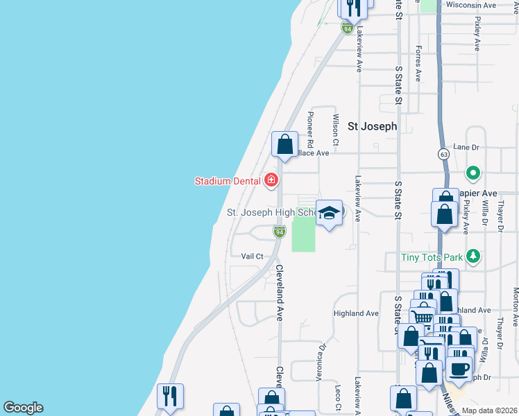map of restaurants, bars, coffee shops, grocery stores, and more near 212 Crofton Circle in Saint Joseph