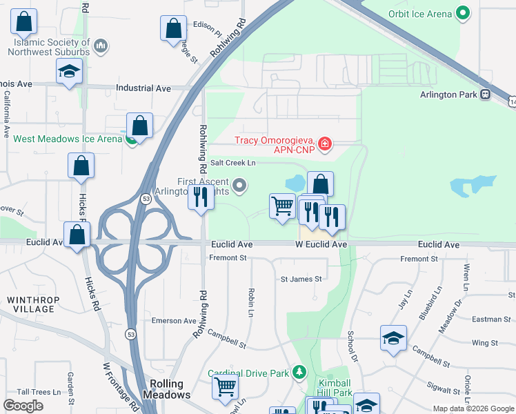 map of restaurants, bars, coffee shops, grocery stores, and more near 3400 West Stonegate Boulevard in Arlington Heights