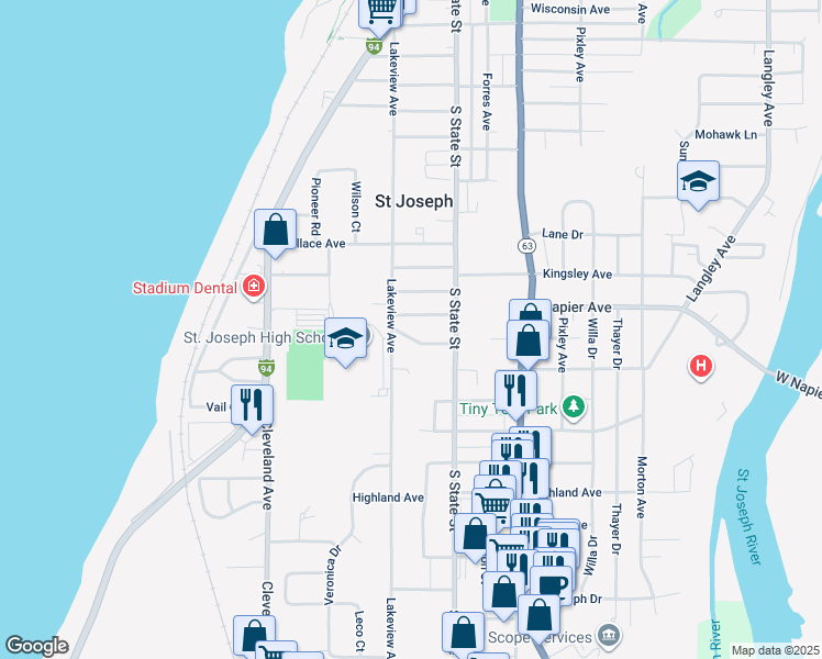 map of restaurants, bars, coffee shops, grocery stores, and more near 509 Donna Drive in Saint Joseph
