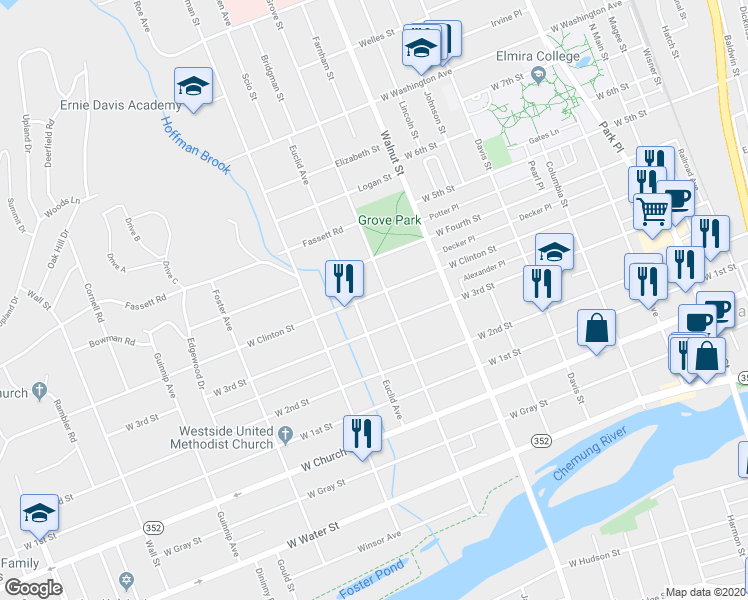 map of restaurants, bars, coffee shops, grocery stores, and more near 603 West Clinton Street in Elmira