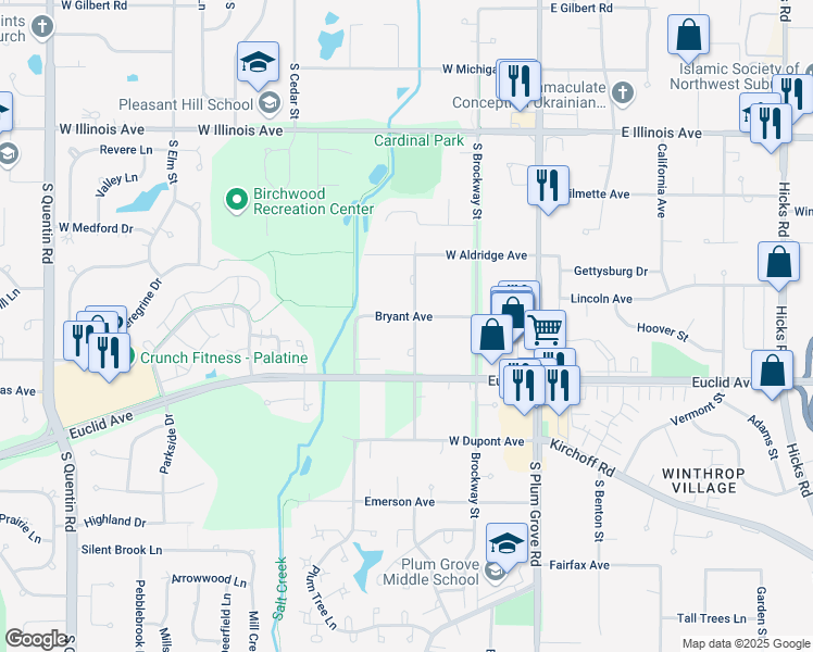 map of restaurants, bars, coffee shops, grocery stores, and more near 209 West Bryant Avenue in Palatine