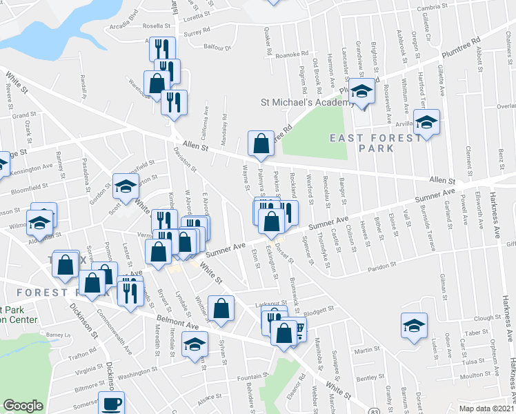 map of restaurants, bars, coffee shops, grocery stores, and more near 46 Wayne Street in Springfield