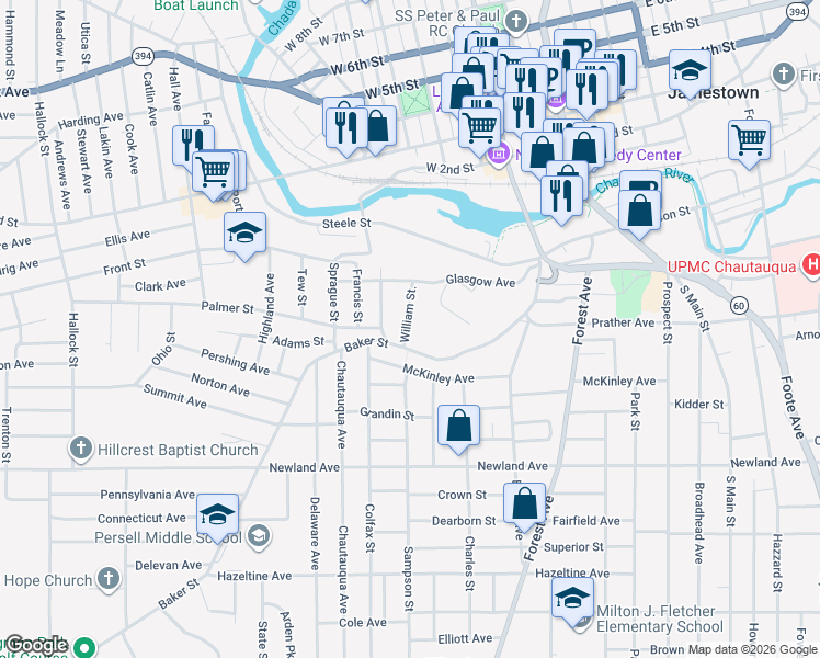map of restaurants, bars, coffee shops, grocery stores, and more near 119 William Street in Jamestown