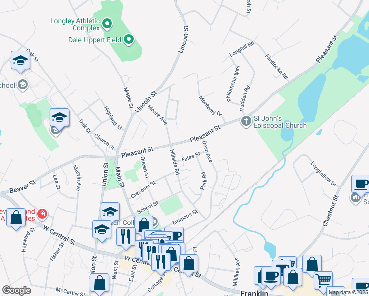 map of restaurants, bars, coffee shops, grocery stores, and more near 123 Pleasant Street in Franklin