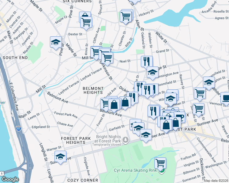 map of restaurants, bars, coffee shops, grocery stores, and more near 99 Euclid Avenue in Springfield