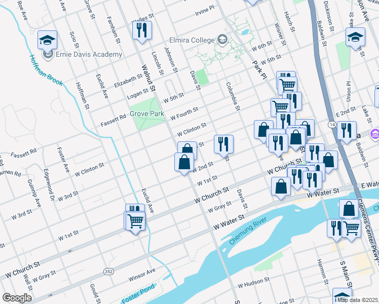 map of restaurants, bars, coffee shops, grocery stores, and more near 459 West 3rd Street in Elmira