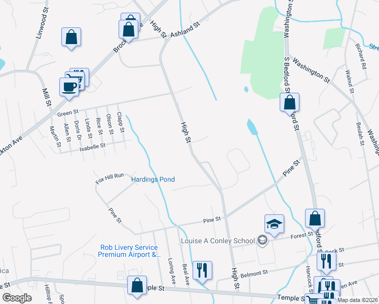 map of restaurants, bars, coffee shops, grocery stores, and more near 358 High Street in Whitman