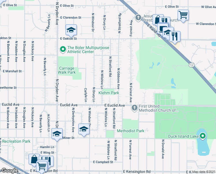map of restaurants, bars, coffee shops, grocery stores, and more near 1616 East Hawthorne Street in Arlington Heights