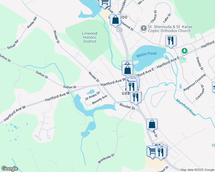 map of restaurants, bars, coffee shops, grocery stores, and more near 46 Hartford Avenue West in Uxbridge