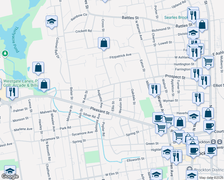map of restaurants, bars, coffee shops, grocery stores, and more near 67 Ellis Street in Brockton
