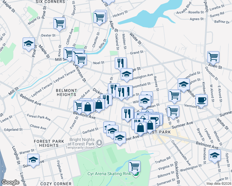 map of restaurants, bars, coffee shops, grocery stores, and more near 185 Oakland Street in Springfield