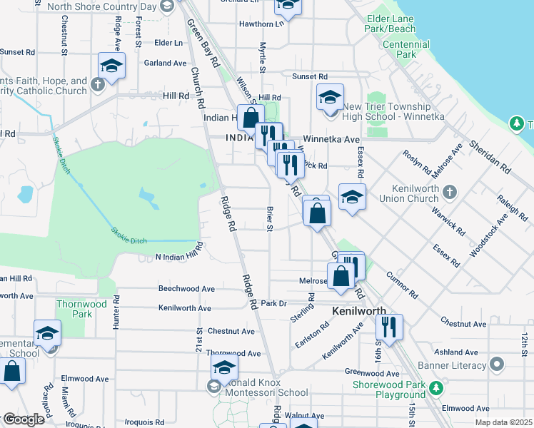 map of restaurants, bars, coffee shops, grocery stores, and more near 618 Brier Street in Kenilworth