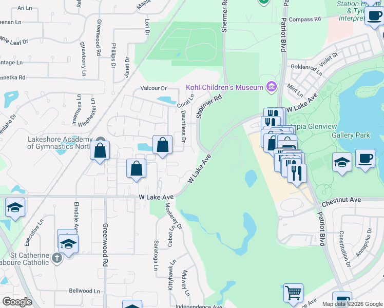 map of restaurants, bars, coffee shops, grocery stores, and more near 1925 Dauntless Drive in Glenview