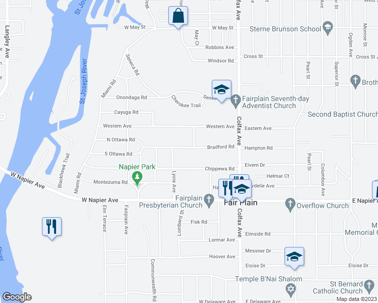 map of restaurants, bars, coffee shops, grocery stores, and more near 270 Bradford Road in Benton Harbor