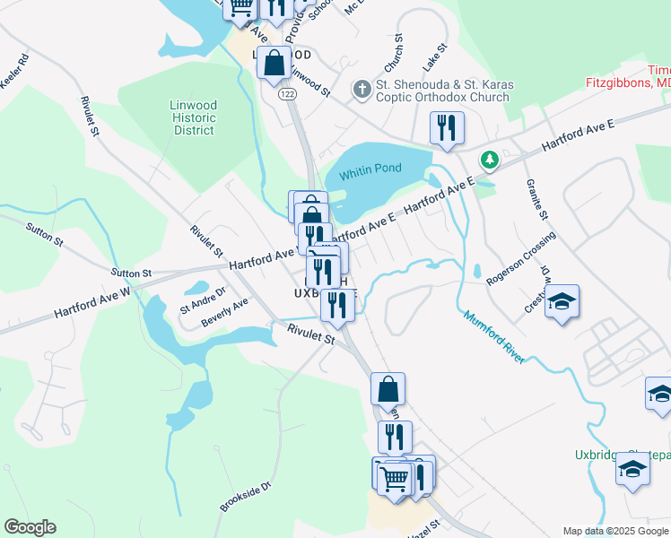 map of restaurants, bars, coffee shops, grocery stores, and more near 11 Pond Street in Uxbridge