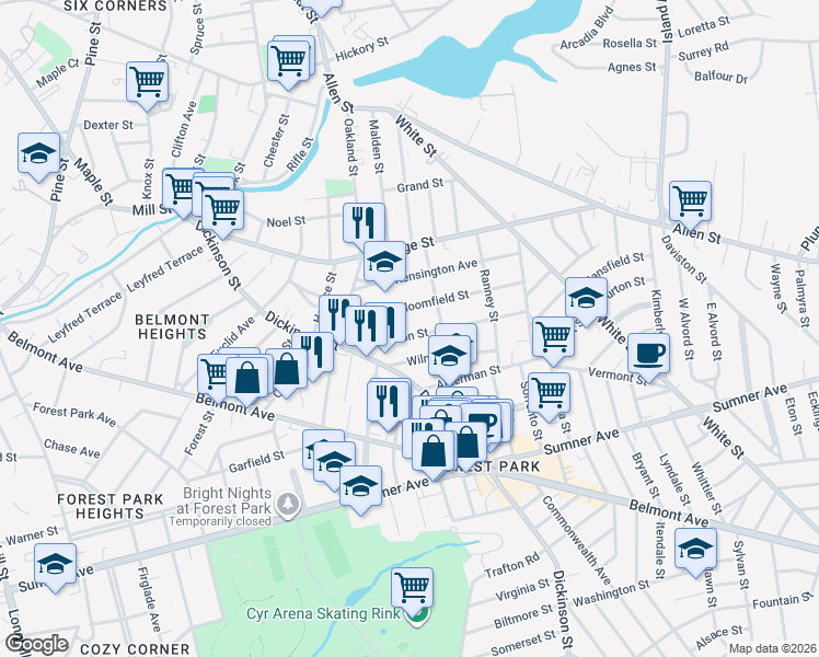 map of restaurants, bars, coffee shops, grocery stores, and more near 58 Johnson Street in Springfield