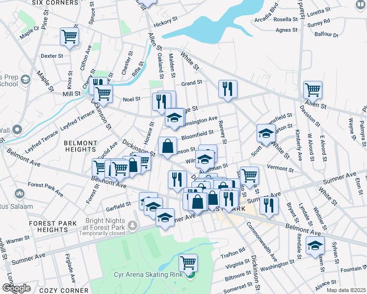 map of restaurants, bars, coffee shops, grocery stores, and more near 58 Johnson Street in Springfield