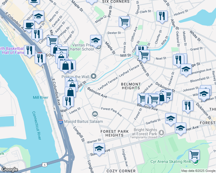 map of restaurants, bars, coffee shops, grocery stores, and more near 92 Woodside Terrace in Springfield