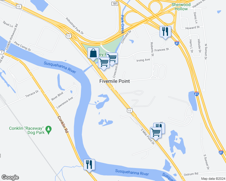 map of restaurants, bars, coffee shops, grocery stores, and more near New York State Bicycle Route 11 in Broome