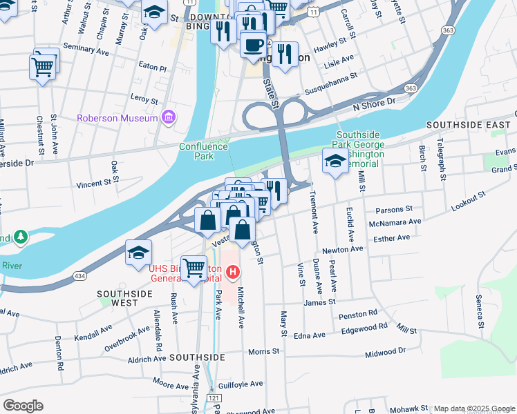 map of restaurants, bars, coffee shops, grocery stores, and more near in Binghamton