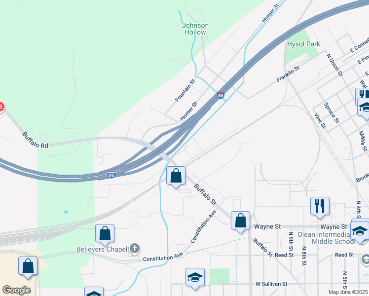 map of restaurants, bars, coffee shops, grocery stores, and more near 1612 Avenue B in Olean