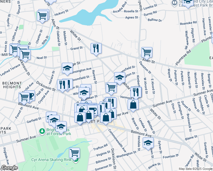 map of restaurants, bars, coffee shops, grocery stores, and more near 57 Gordon Street in Springfield