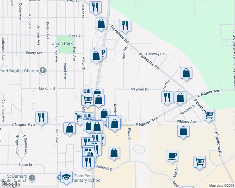 map of restaurants, bars, coffee shops, grocery stores, and more near 1549 Reeder Avenue in Benton Harbor