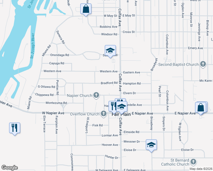 map of restaurants, bars, coffee shops, grocery stores, and more near 200 Bradford Road in Benton Harbor
