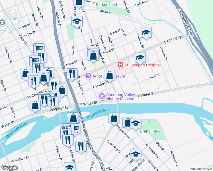 map of restaurants, bars, coffee shops, grocery stores, and more near 158 Fox Street in Elmira