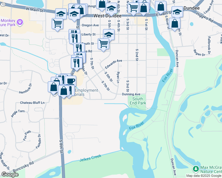 map of restaurants, bars, coffee shops, grocery stores, and more near 659 South 7th Street in West Dundee