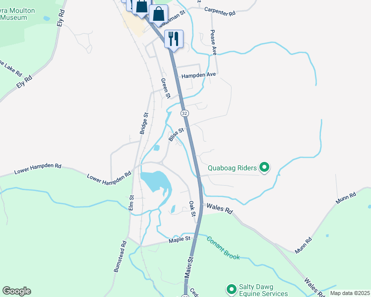 map of restaurants, bars, coffee shops, grocery stores, and more near 313 Main Street in Monson