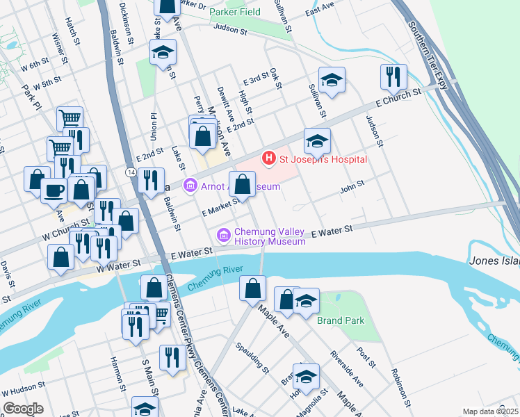 map of restaurants, bars, coffee shops, grocery stores, and more near 160 Madison Avenue in Elmira