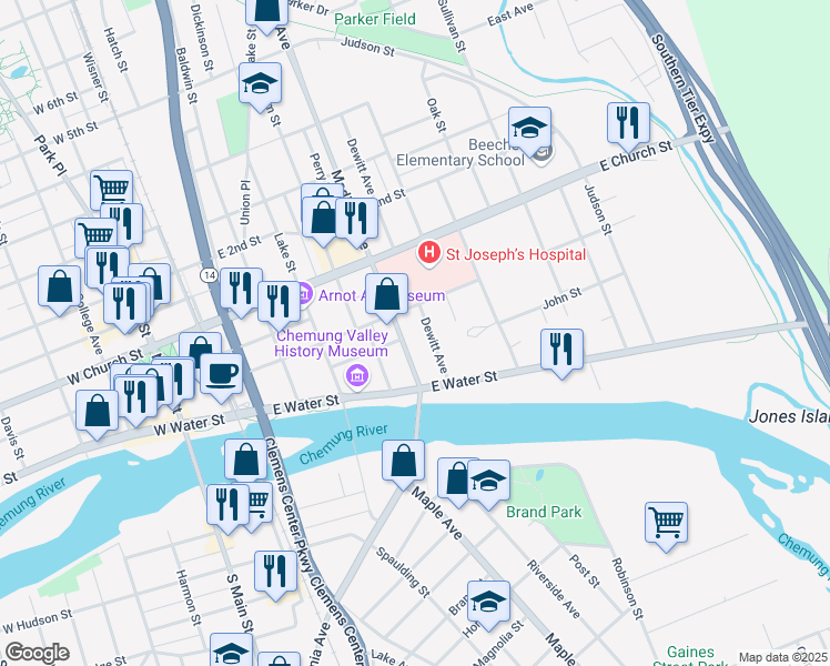 map of restaurants, bars, coffee shops, grocery stores, and more near 160 Madison Avenue in Elmira