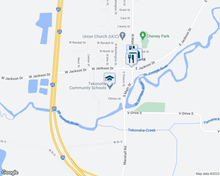 map of restaurants, bars, coffee shops, grocery stores, and more near 245 South Elm Street in Tekonsha