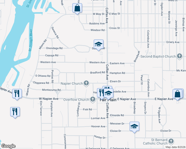 map of restaurants, bars, coffee shops, grocery stores, and more near 200 Bradford Road in Benton Harbor