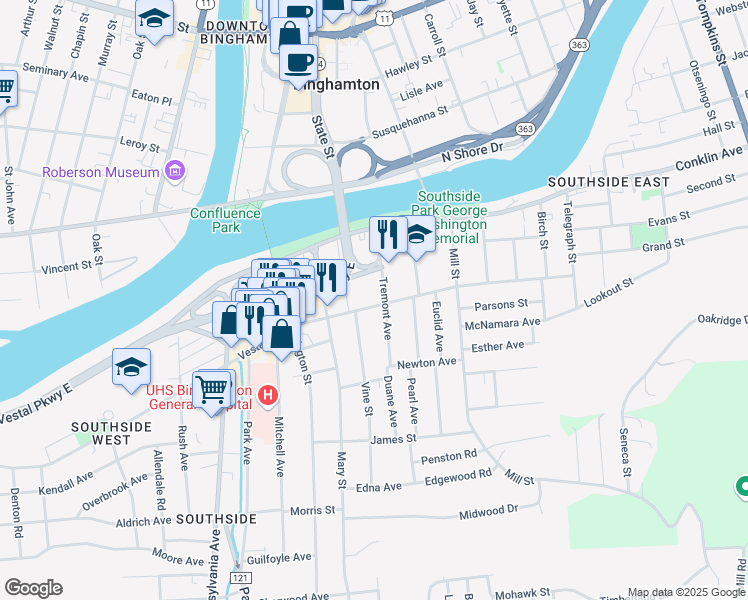 map of restaurants, bars, coffee shops, grocery stores, and more near 1235 Vestal Ave in Binghamton