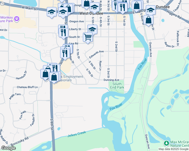 map of restaurants, bars, coffee shops, grocery stores, and more near 659 South 7th Street in West Dundee