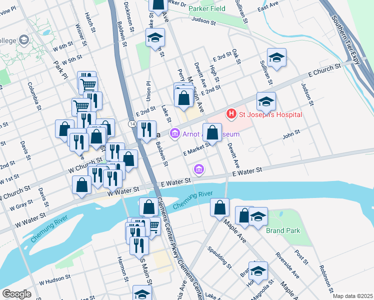 map of restaurants, bars, coffee shops, grocery stores, and more near 210 Lake Street in Elmira